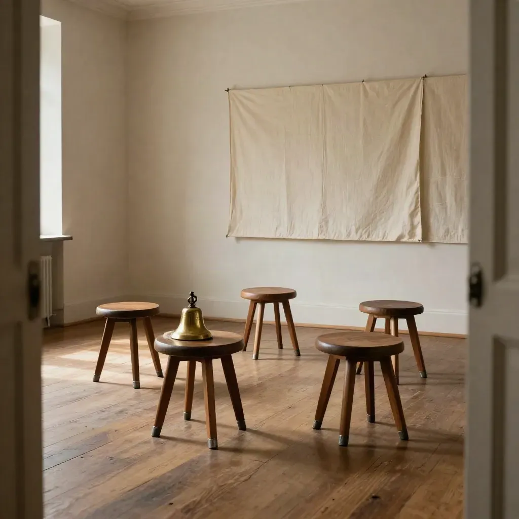 Sala vacía de taller de liderazgo con taburetes de madera, campana de latón y panel textil claro.