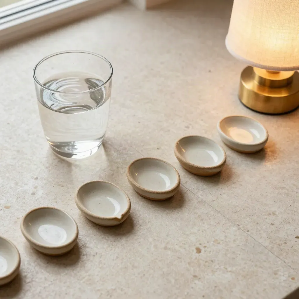 Fichas cerámicas, vaso de agua y lámpara de amanecer sobre travertino.