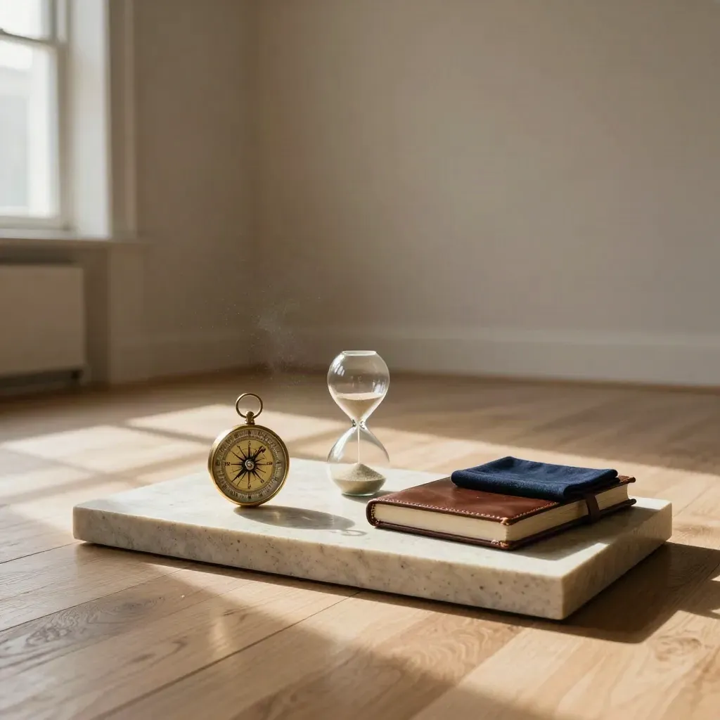 Estudio vacío de coaching con brújula de latón, reloj de arena y luz matinal sobre madera clara.