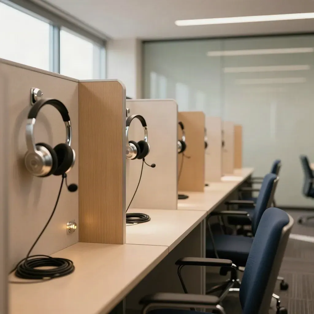 Sala de llamadas vacía con auriculares colgados y luces encendidas, lista para seguir cerrando.