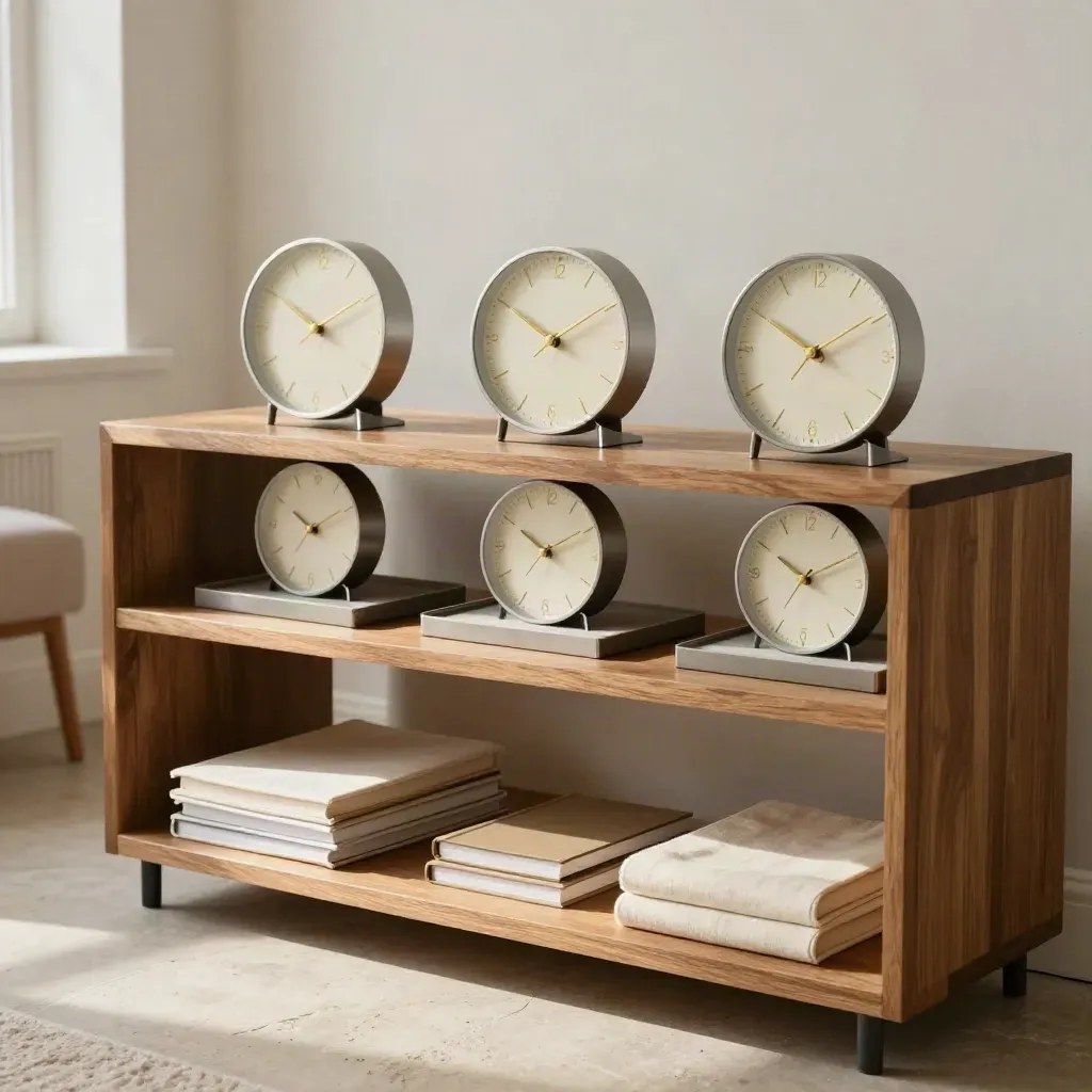 Estantería modular con tres relojes, dos bandejas y cuadernos cerrados en una oficina luminosa.