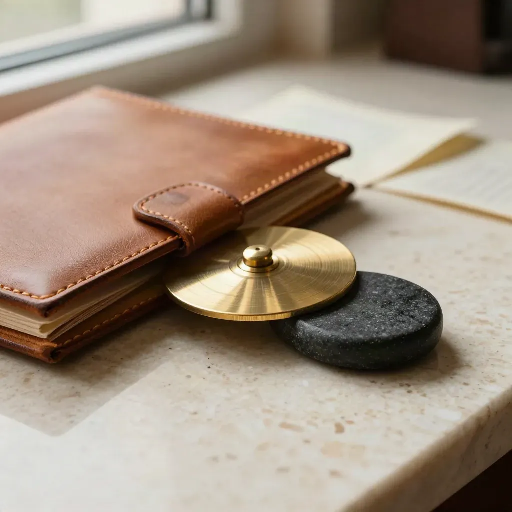 Libreta de piel, disco de latón y piedra de equilibrio sobre travertino claro.