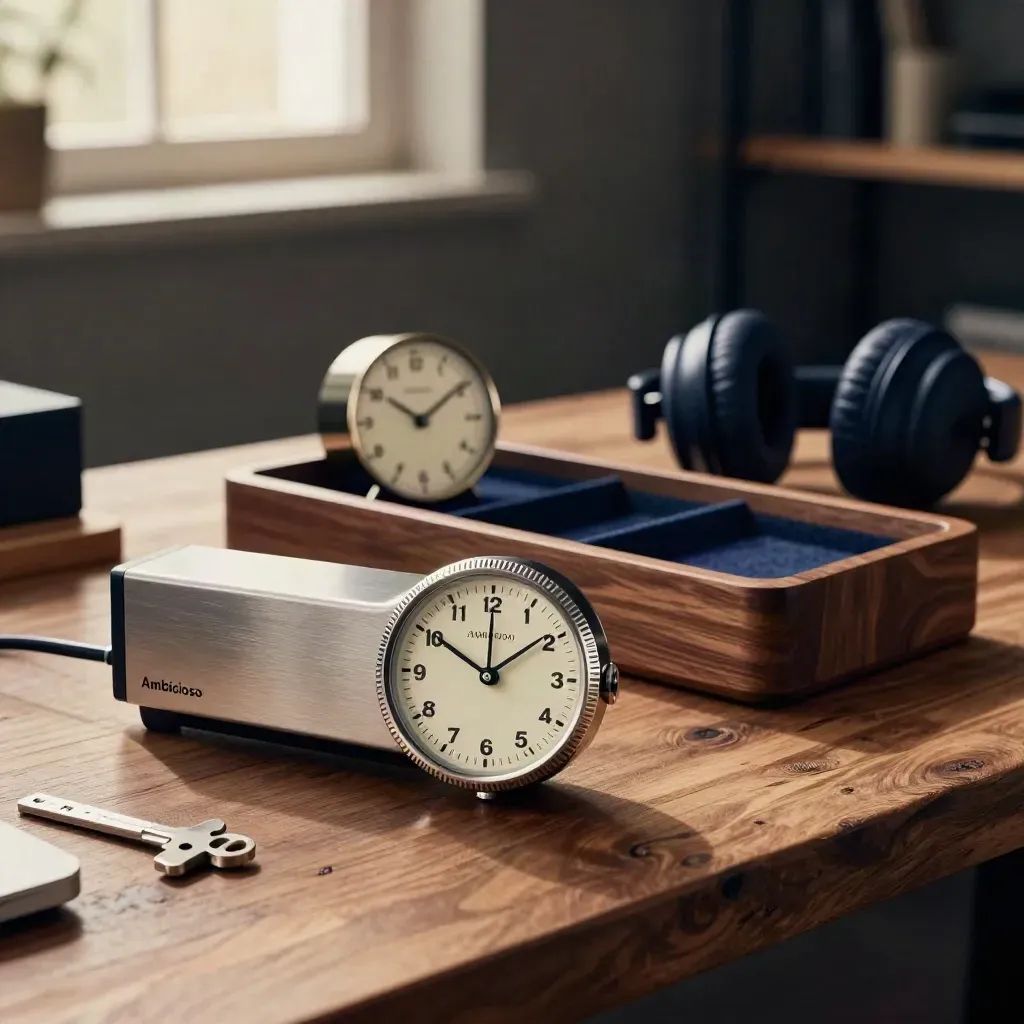 Temporizador, reloj, bandeja modular y auriculares sobre madera de nogal.