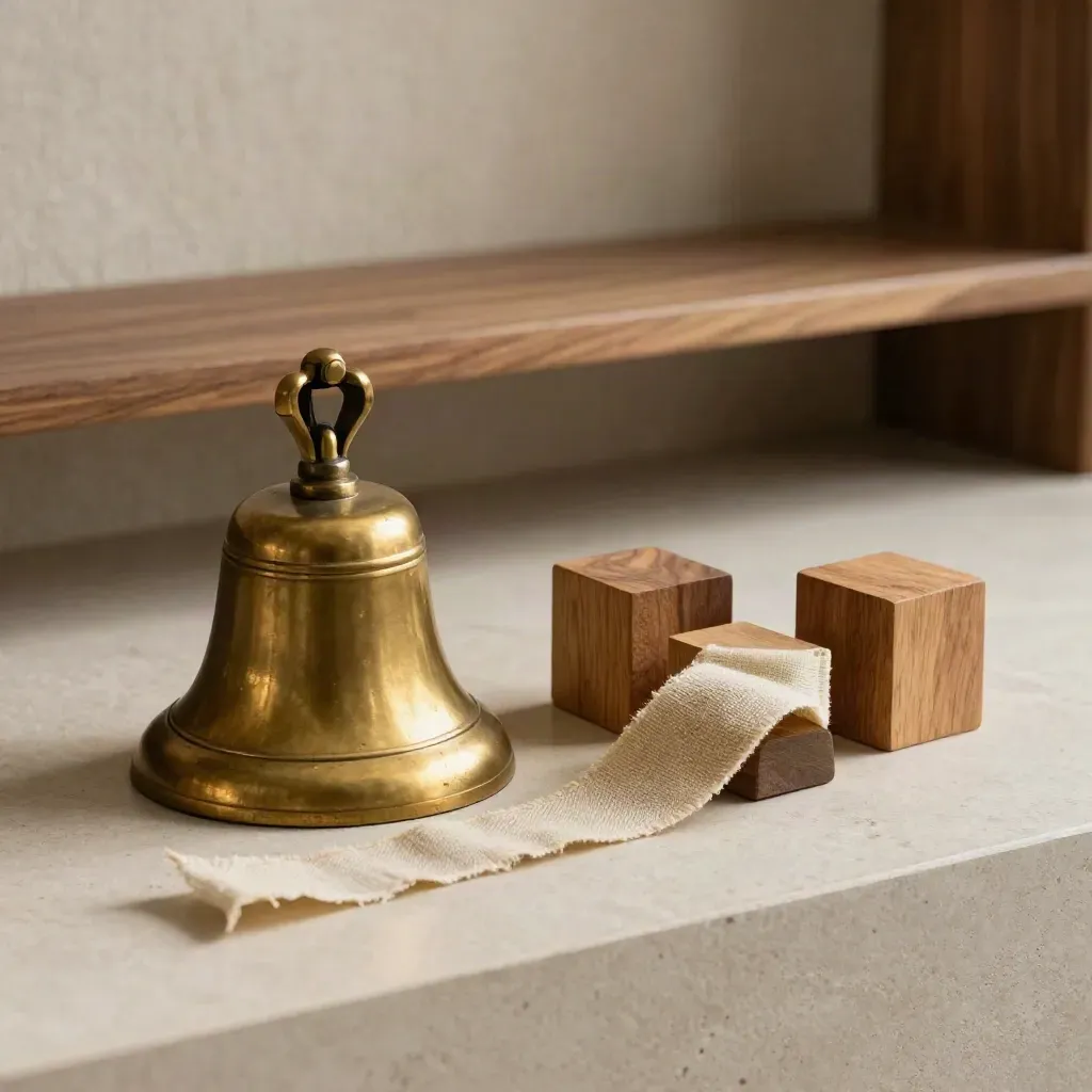 Campana de latón con tres bloques de madera y cinta de lino sobre piedra clara.