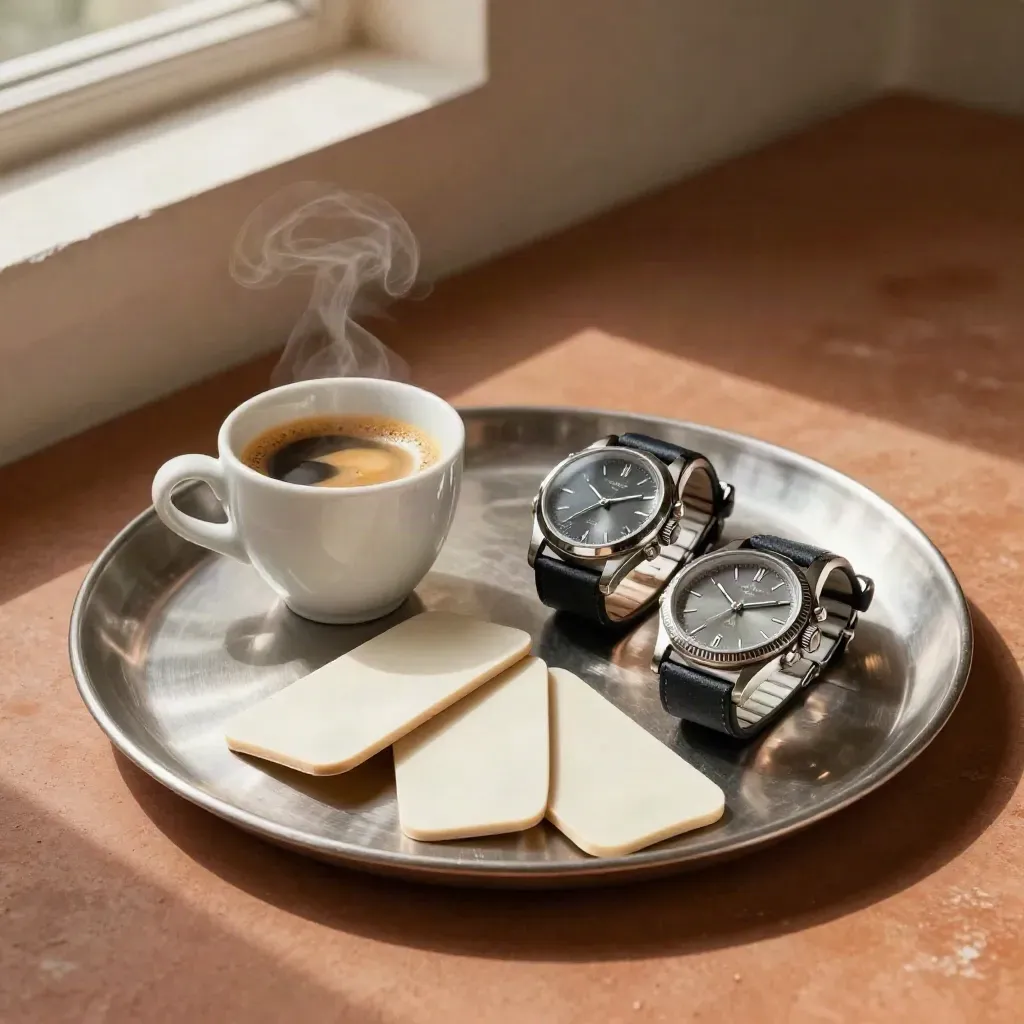 Taza de espresso, dos relojes y fichas de seguimiento sobre bandeja de acero y luz suave.