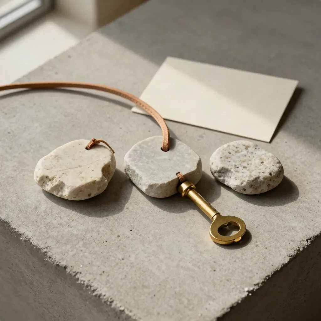 Piedras reposicionadas, cordón de cuero y llave de latón sobre hormigón claro, con luz suave.