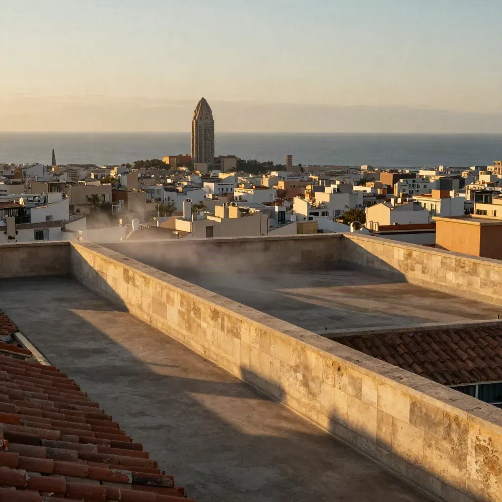 Barcelona al atardecer desde una azotea, con Montjuïc y el mar en la niebla