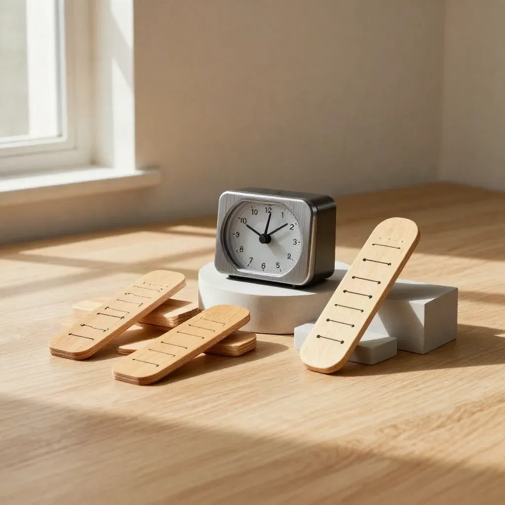 Fichas de madera, temporizador mecánico y peanas sobre roble con luz suave lateral.