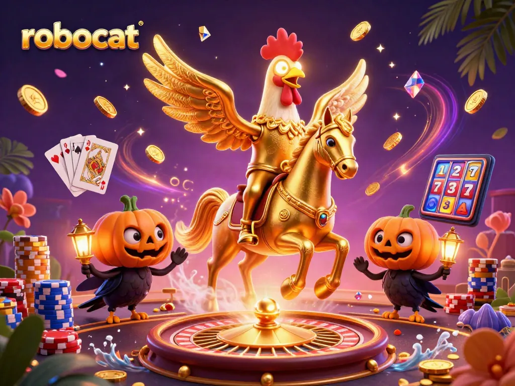 Experience thrilling gameplay with Robocat in a vibrant midnight casino scene filled with golden coins, cards, and lights.